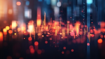 Abstract glowing big data forex candlestick chart on blurry city backdrop. Trade, technology, investment and analysis concept