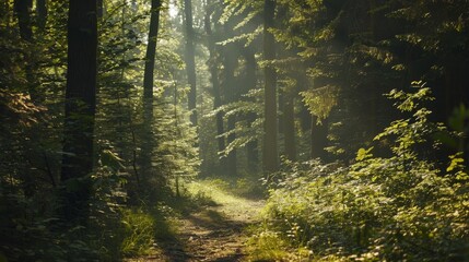 A dense forest path, sunlight filtering through the trees and foliage, Natural style