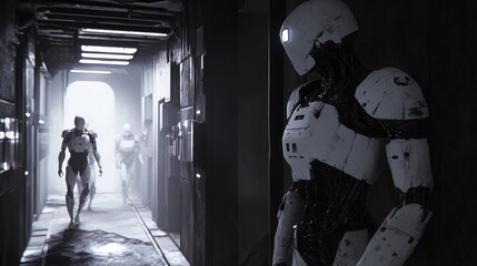 A deserted space station with malfunctioning humanoid robots and flickering lights, Horror sci-fi style, photo of