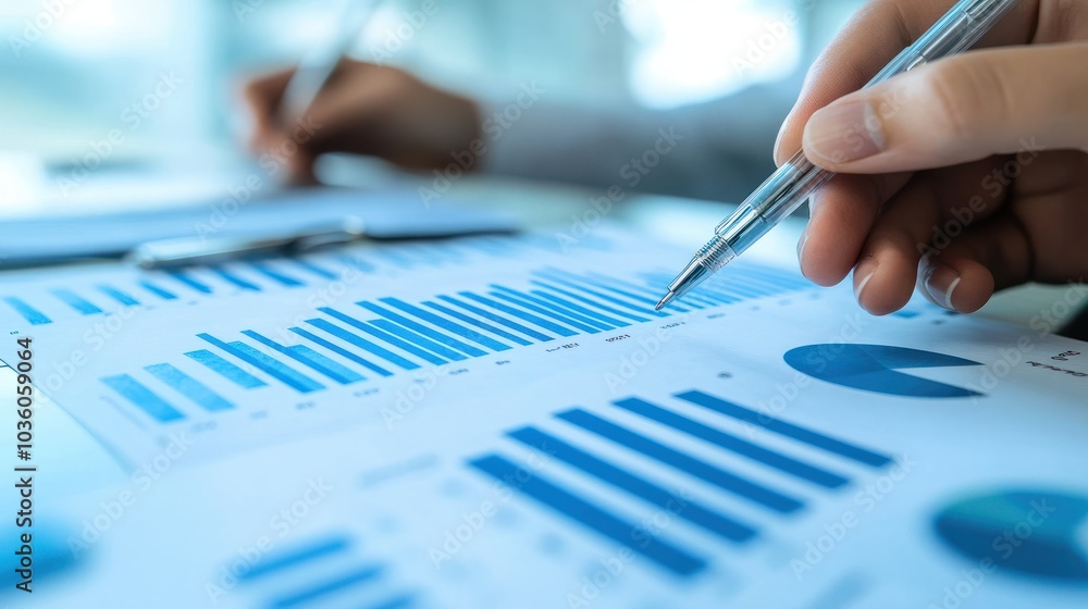 Poster an annual report shown by a business team analyzing graphs and charts during a presentation meeting