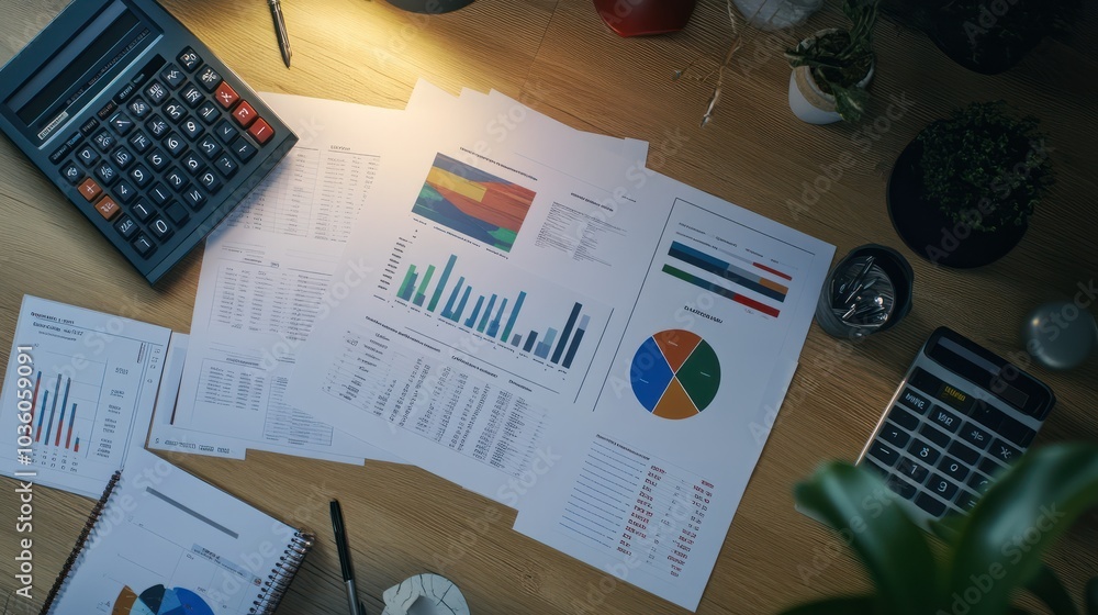 Poster an overhead view of a desk with printed financial reports featuring pie charts and graphs, accompani