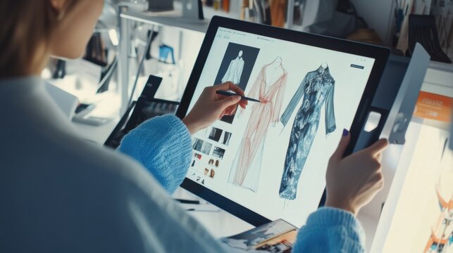 A designer creating digital fashion sketches and mood boards on a touchscreen tablet in a stylish fashion studio, Modern lifestyle scene, Fashion design process style