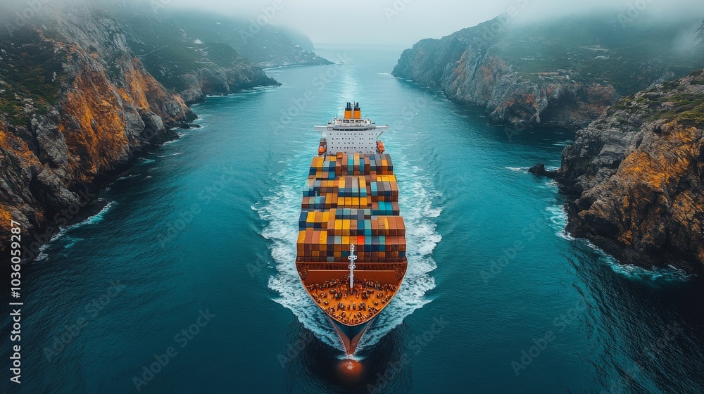 Poster a cargo ship fully loaded with colorful containers moves steadily through a narrow channel flanked b