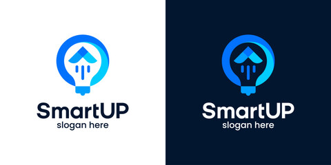 Smart modern technology logo design. Light bulb logo with launch symbol with plane or rocket abstract design graphic symbol icon vector.