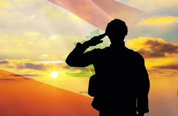 Silhouette of a soldier with a background of the Lebanon flag and a sunset or sunrise. Concept of national holidays. Commemoration Day.