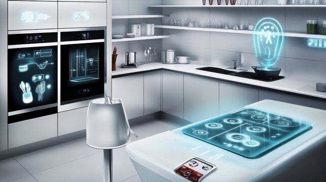 A designer kitchen with smart appliances and a touch-controlled cooking interface, Culinary innovation theme, Elegant style
