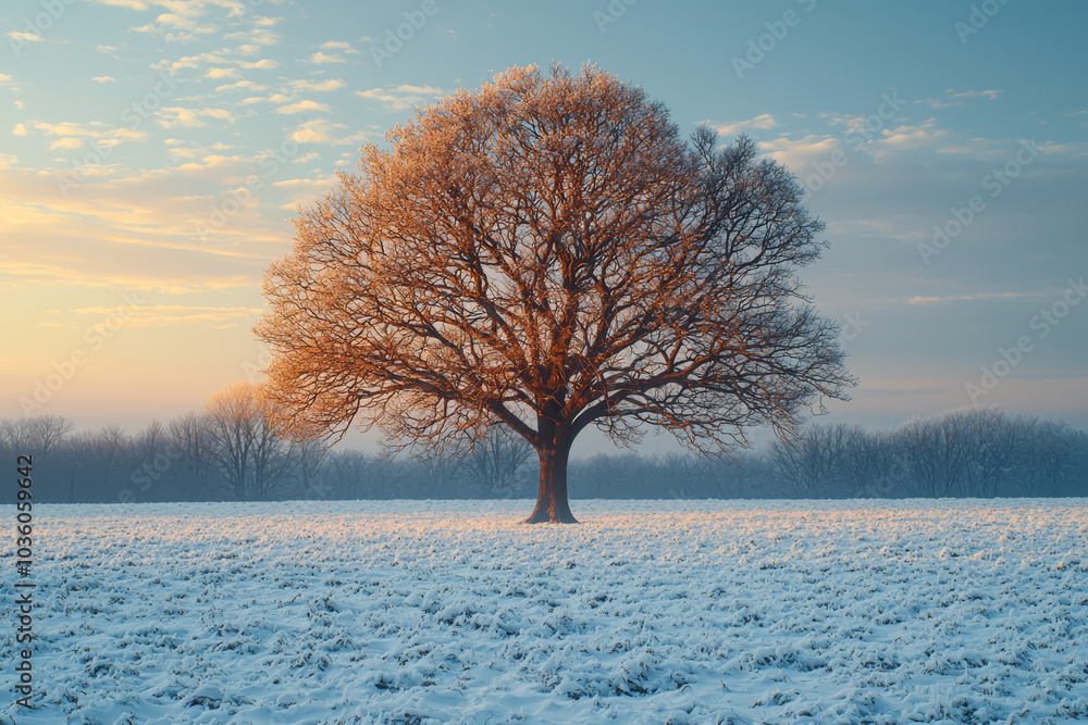 Poster a bare tree standing in a field of snow, representing resilience and survival. concept of minimalism