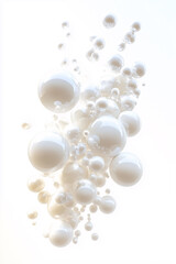 White bubbles float, glossy surfaces reflect soft light, creating depth, smooth textures evoke calm and balance, minimalist composition enhances purity, peaceful floating harmony concept.