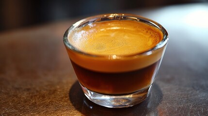   A shot glass with liquid sits atop a wooden table beside a glass containing liquid
