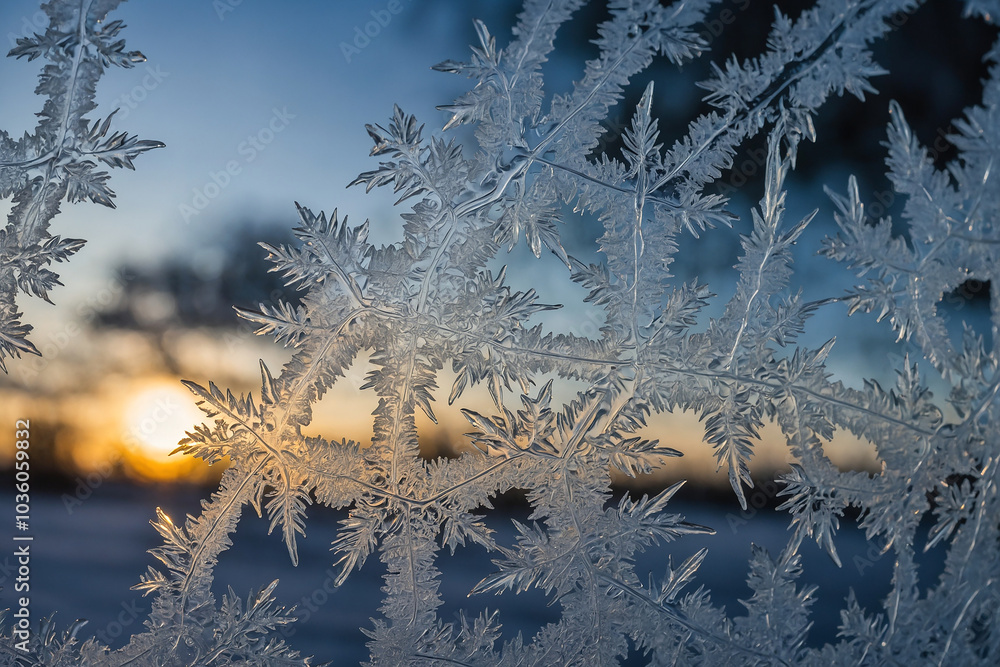 Poster frosty windowpane with delicate ice crystals forming intricate patterns