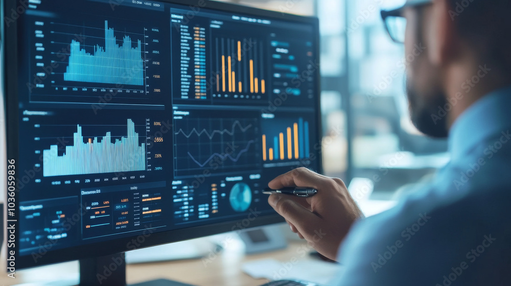 Aufkleber a businessman is using a dashboard to track his company's performance. the dashboard shows graphs an