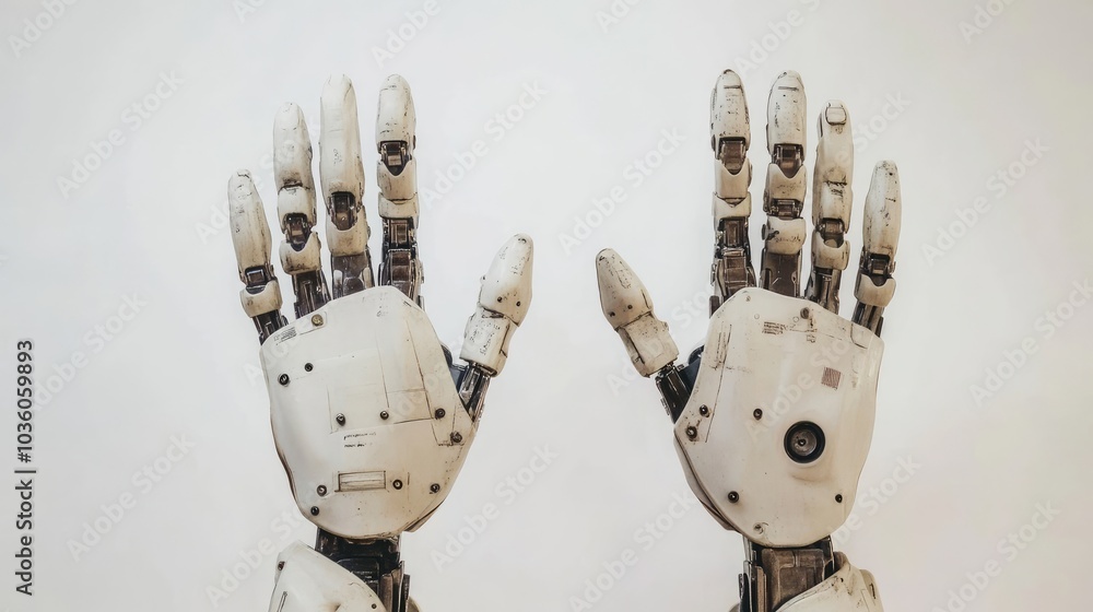 Poster robotic hands demonstrating advanced engineering in a modern setting generative ai