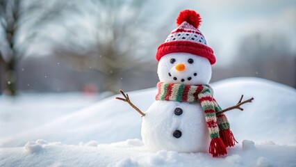 Obraz premium Snowman wearing a red hat and striped scarf standing in a snowy landscape