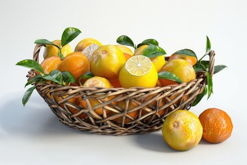 citrus fruits in basket on white background