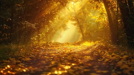 Sunlit forest path with golden leaves and a tranquil atmosphere