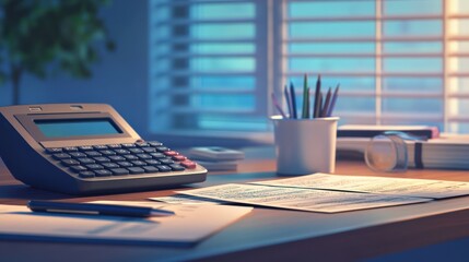 Calculator and paycheck on a desk representing payday and financial management