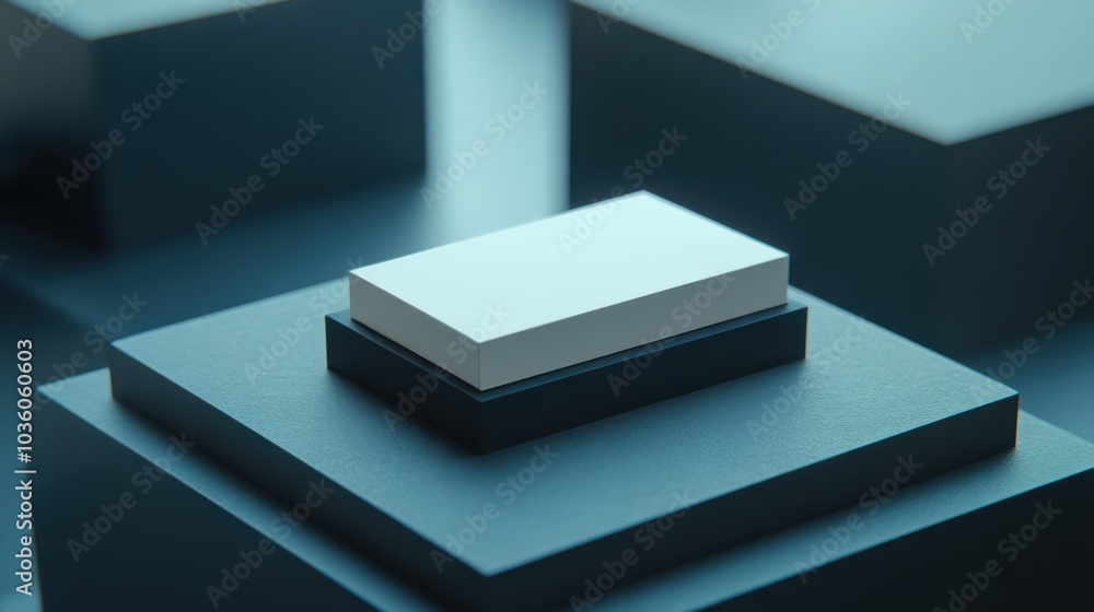 Poster a minimalist composition featuring a white rectangular object atop a black pedestal against a softly