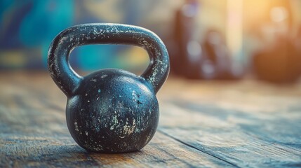 A single minimalist kettlebell placed on a smooth wooden surface, with abstract fitness gear in the soft-focus background