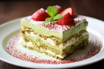 Layers of creamy matcha green tea tiramisu are beautifully arranged with strawberries and mint leaves making for a delightful dessert presentation