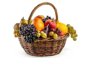 Assorted fruits in wicker basket on white background.
