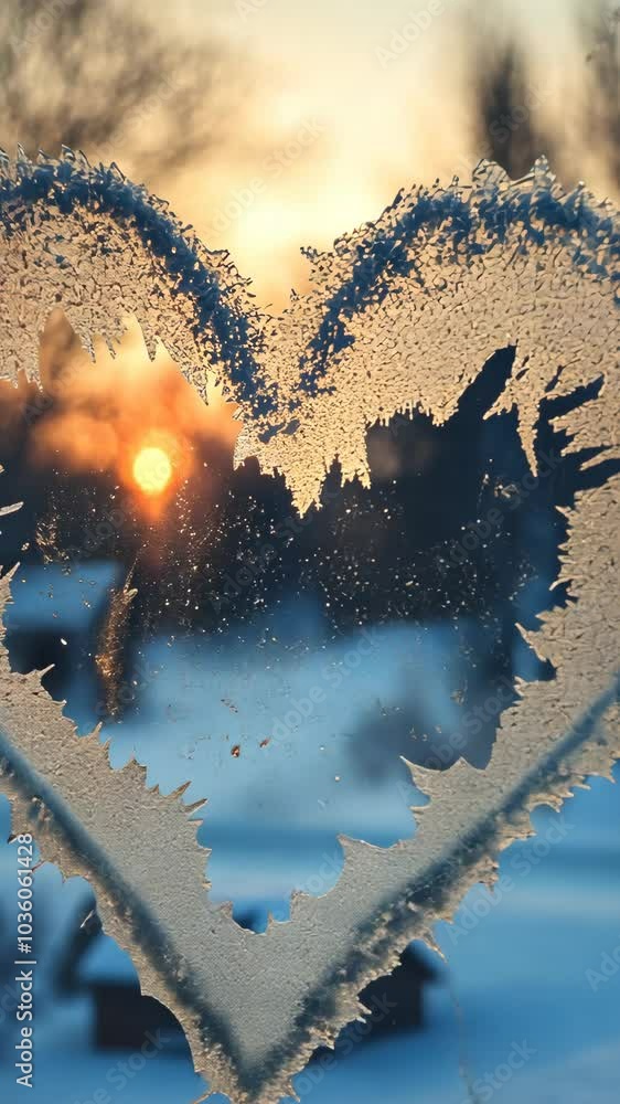 Poster heart-shaped frost pattern on window with