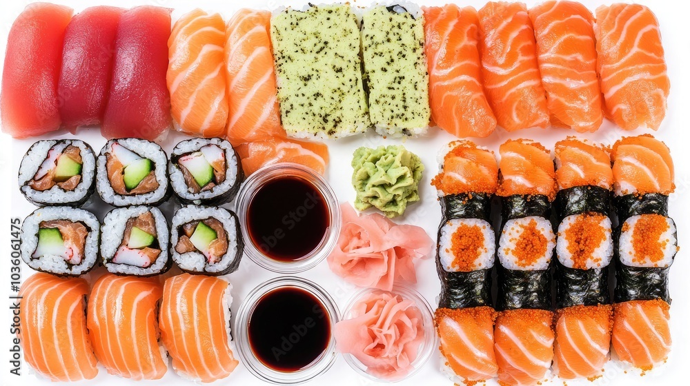 Poster top view of colorful sushi platter with fresh wasabi and soy sauce generative ai