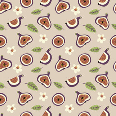 Seamless pattern with fig slices, flowers and leaves. Vector illustration in doodle style, flat style