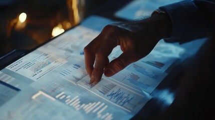 Close-up of hands analyzing financial charts on documents, concept of business analysis. Generative AI