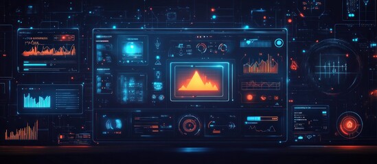 Futuristic user interface with multiple screens displaying graphs, charts, and data.