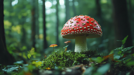 vibrant red mushroom with white spots stands prominently in lush, green forest. scene captures essence of natures beauty and mystery, with soft light filtering through trees