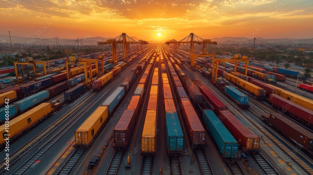 Poster cargo containers in various colors are lined up at a busy railway yard. cranes tower above, and a st