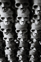 A black and white photograph of a wall covered with human skulls.