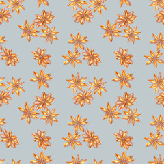 Warm orange-brown star anise on a soft grey background. Seamless watercolor pattern for textiles, gift wrap, and culinary branding. This clipart is perfect for products with a natural, botanical theme
