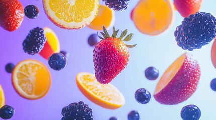   Floating oranges, raspberries, lemons, and blueberries surrounded by other fruits