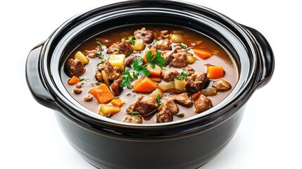 Delicious Slow Cooker Simmering Soup Isolated on White Background