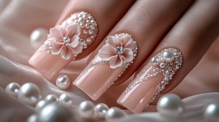 Elegant peach manicure with flower and pearl nail designs
