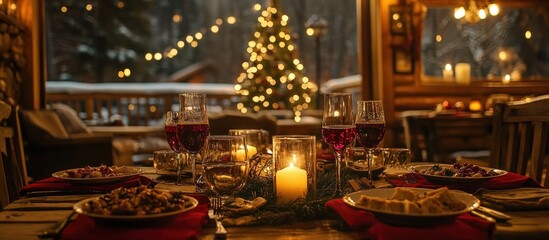 Festive dinner table setting with red wine glasses, candles and plates of food in a rustic cabin with a blurred Christmas tree outside the window.