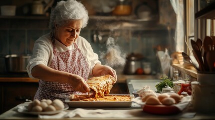 family cooking tradition, an italian grandma, overflowing with passion, making her special lasagna in a cozy kitchen with fresh ingredients, creating a warm and inviting setting