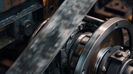 Fototapeta premium A detailed look at a conveyor belt's drive motor and pulley, with textures of metal and rubber, Manufacturing setting with precise components