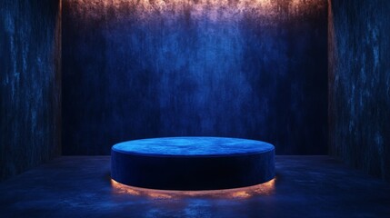 A circular stage in a dim room, with deep blue walls and warm orange lights, creates a serene and artistic atmosphere perfect for performances or exhibitions.