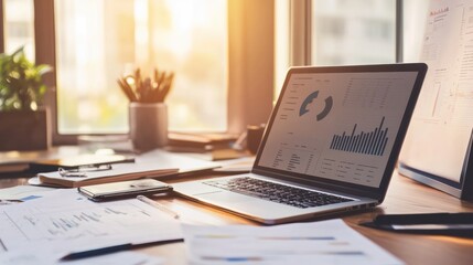 Obraz premium Financial Planning and Debt Reduction Strategy: Work Desk with Laptop, Charts, and Documents