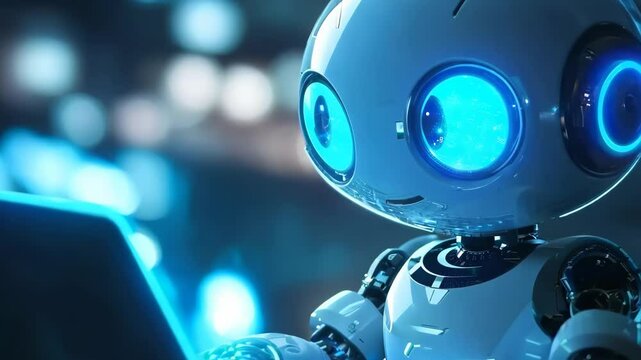 Cute friendly artificial intelligence robot using laptop computer with white and blue neon glow light, chatbot and AI assistant concept futuristic technology