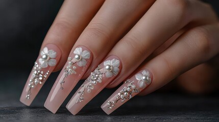 Elegant peach manicure with flower and pearl nail designs