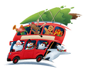 red bus english london with christmas characters cartoon santa claus bear elf penguin biscuit