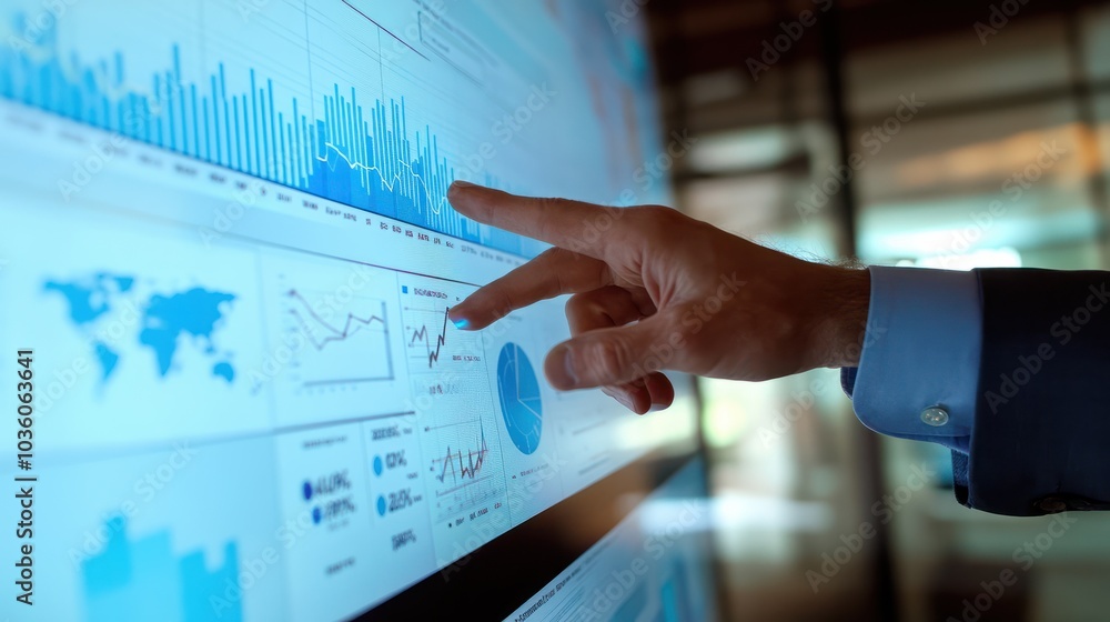 Poster hands of a business professional presenting a financial report pointing at charts and graphs on a la