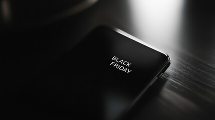 A contemporary smartphone on the table, showcasing dark screen with text "Black Friday" under soft ambient lighting close up. Seasonal promotion sale message