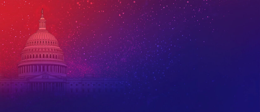 A faded capitol building at left graphic with red, white, and blue stars election political wallpaper room for copy text background