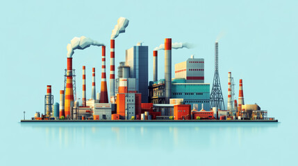 Obraz premium A collection of power plants that create electricity. These factories are part of heavy industry and are shown in a simple, colorful illustration.