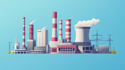 Obraz premium A collection of power plants that create electricity. These factories are part of heavy industry and are shown in a simple, colorful illustration.
