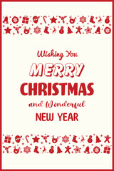 
Christmas greeting card in retro style. Santa Claus, tree, reindeer, present and snowflake icons. Vector illustration